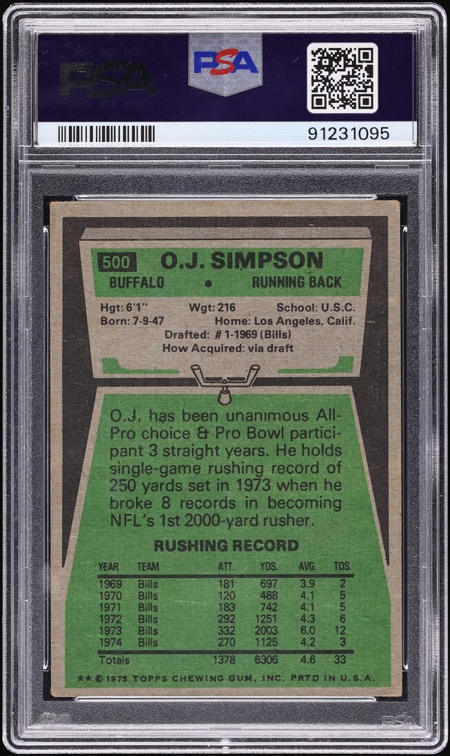 1975 Topps Football O.J. Simpson #500 PSA 3 VG
