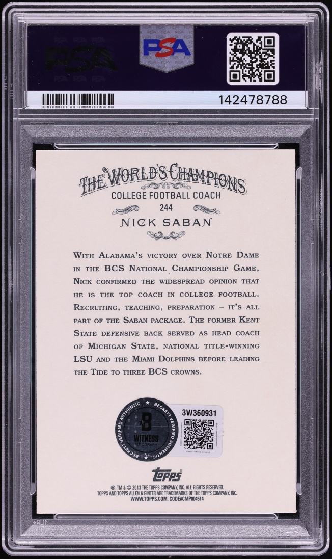 2013 Topps Allen & Ginter Nick Saban AUTO DNA 10 #244 PSA AUTH