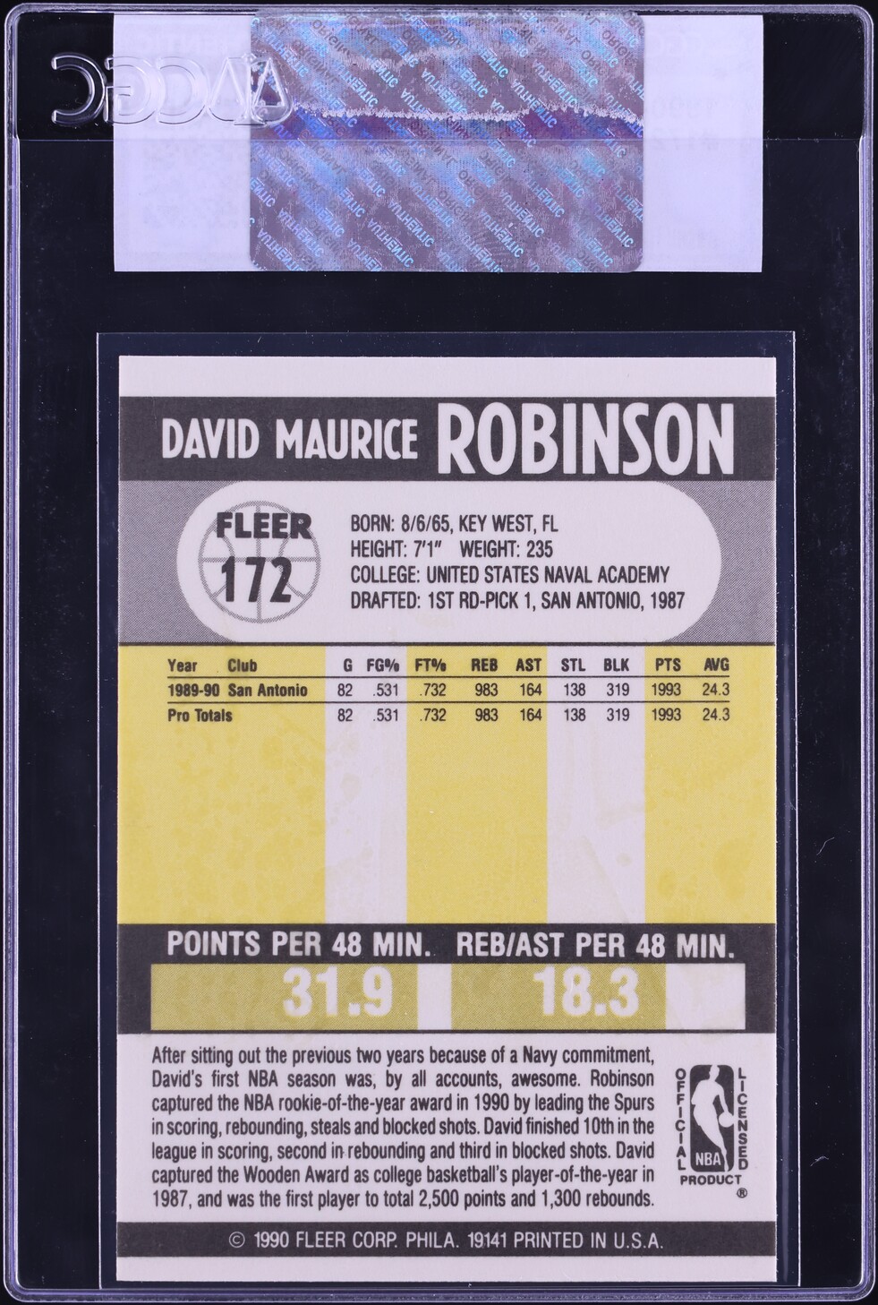 1990 Fleer Basketball David Robinson ROOKIE #172 CGC AUTH