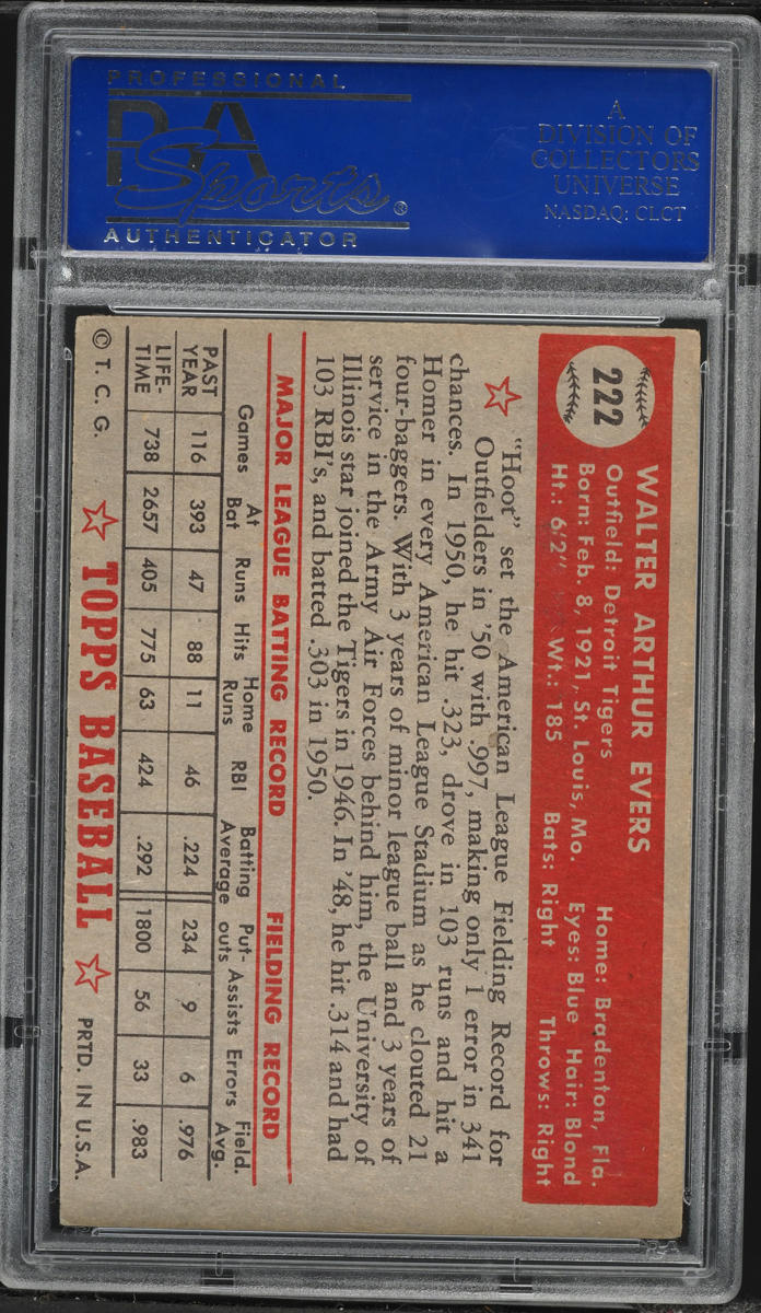 1952 Topps Hoot Evers #222 PSA 6 EXMT