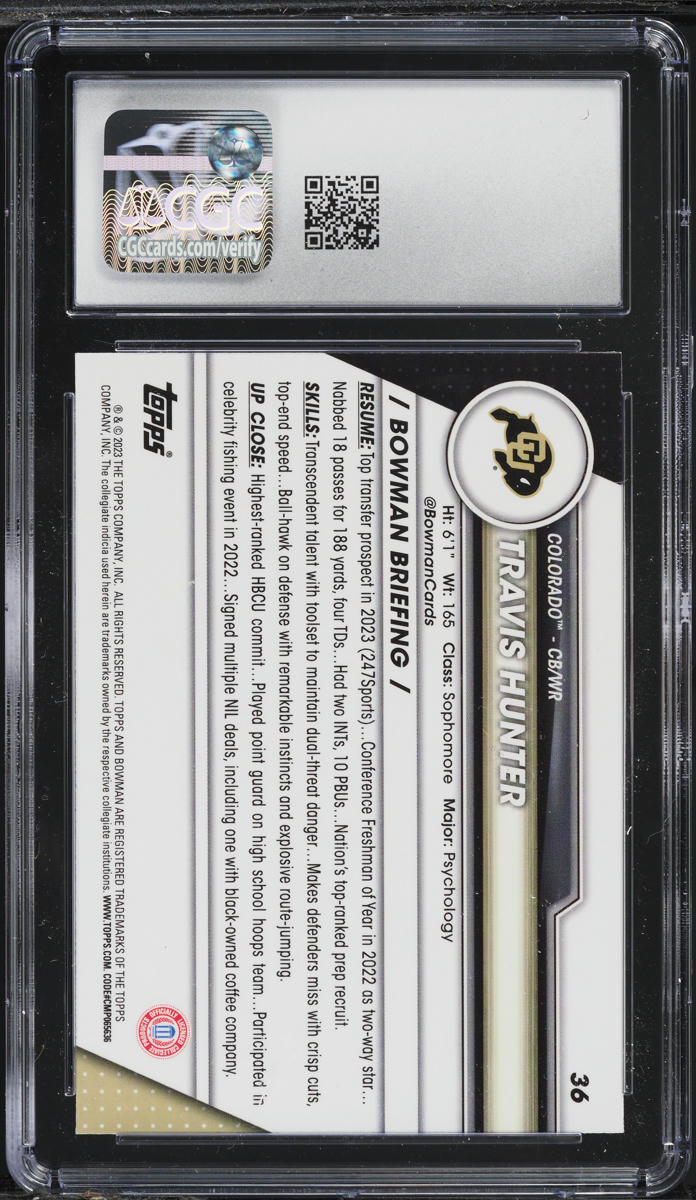 2023 Bowman Chrome University Travis Hunter ROOKIE #36 CGC 10 GEM MINT