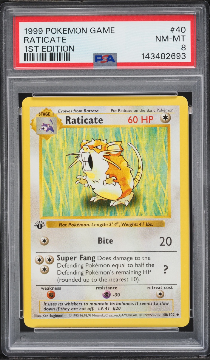 1999 Pokemon Base Set Holo Shadowless 1st Edition Raticate #40 PSA 8 Nm-Mt