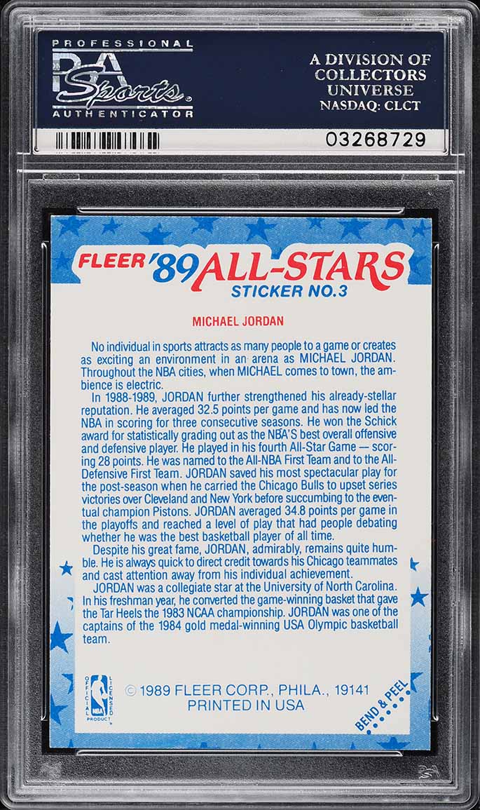 1989 Fleer Sticker Michael Jordan #3 PSA 9 MINT - Photo 2
