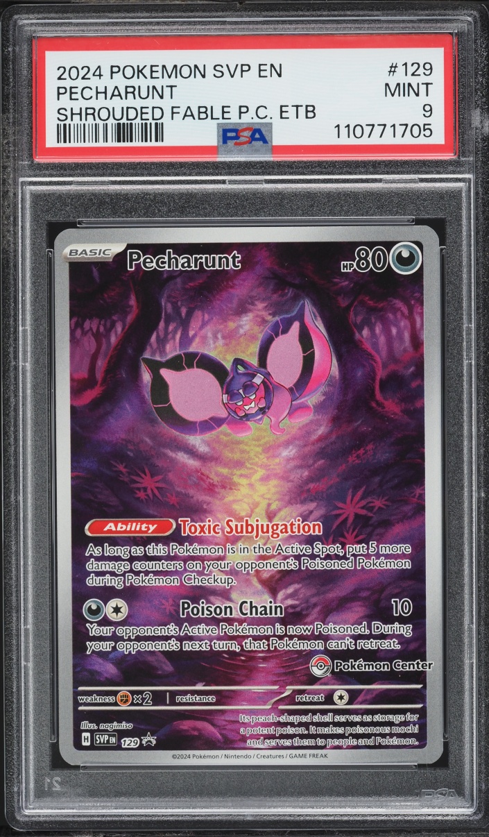 2024 Pokemon Scarlet & Violet Promo Shrouded Fable Center ETB Pecharunt #129 PSA 9 MINT