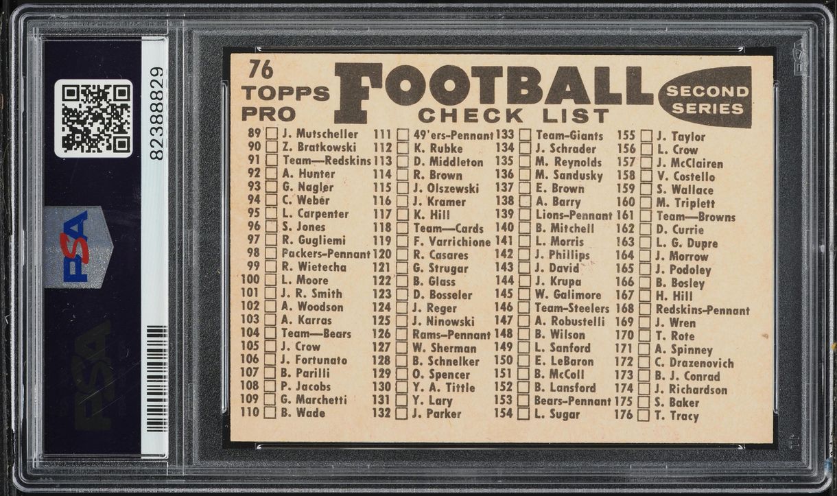 1959 Topps Football Los Angeles Rams CHECKLIST BACK #76 PSA 9 MINT
