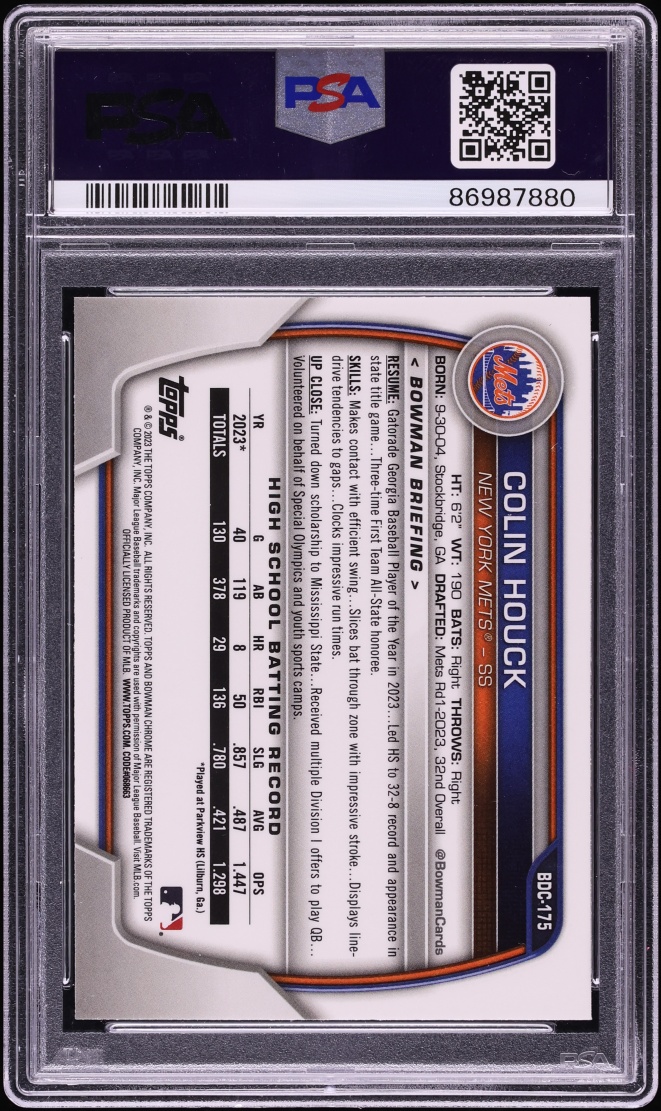 2023 Bowman Chrome Draft Sparkle Refractor Colin Houck PROSPECT #BDC175 PSA 10 GEM MINT