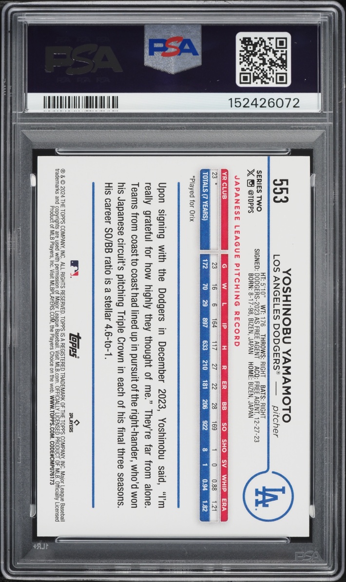 2024 Topps Yoshinobu Yamamoto ROOKIE #553 PSA 9 MINT