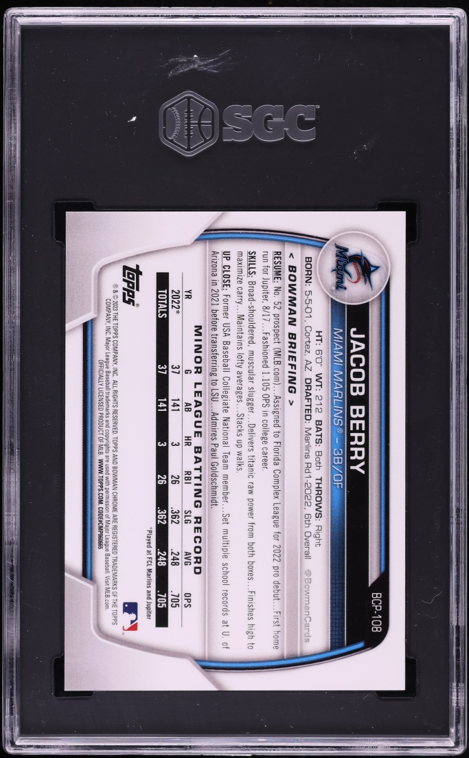 2023 Bowman Chrome Speckle Refractor Jacob Berry PROSPECT /299 #BCP-108 SGC 10 GEM MINT