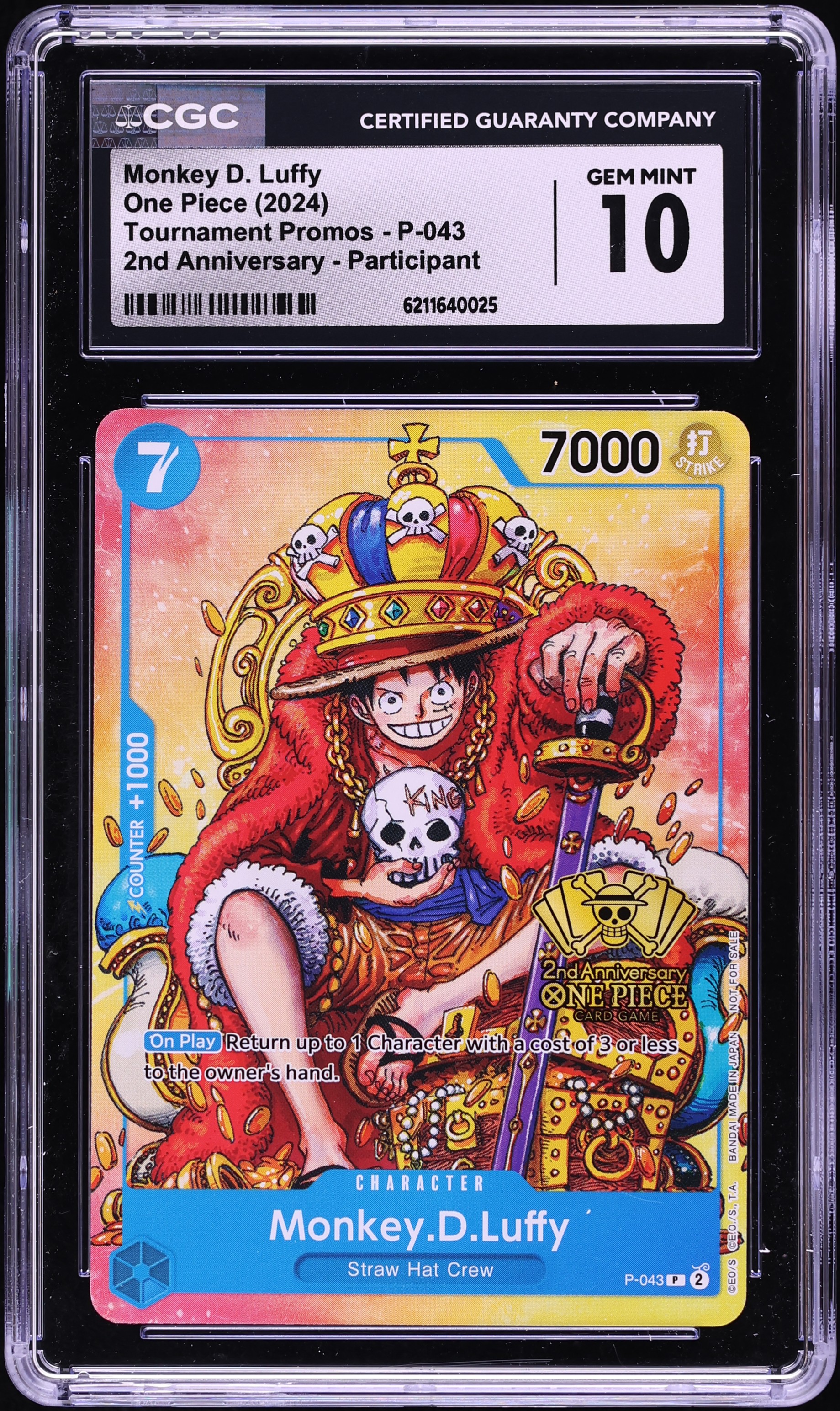 2024 One Piece Tournament Promo 2nd Anniversary Monkey D. Luffy #P-043 CGC 10 GEM MINT