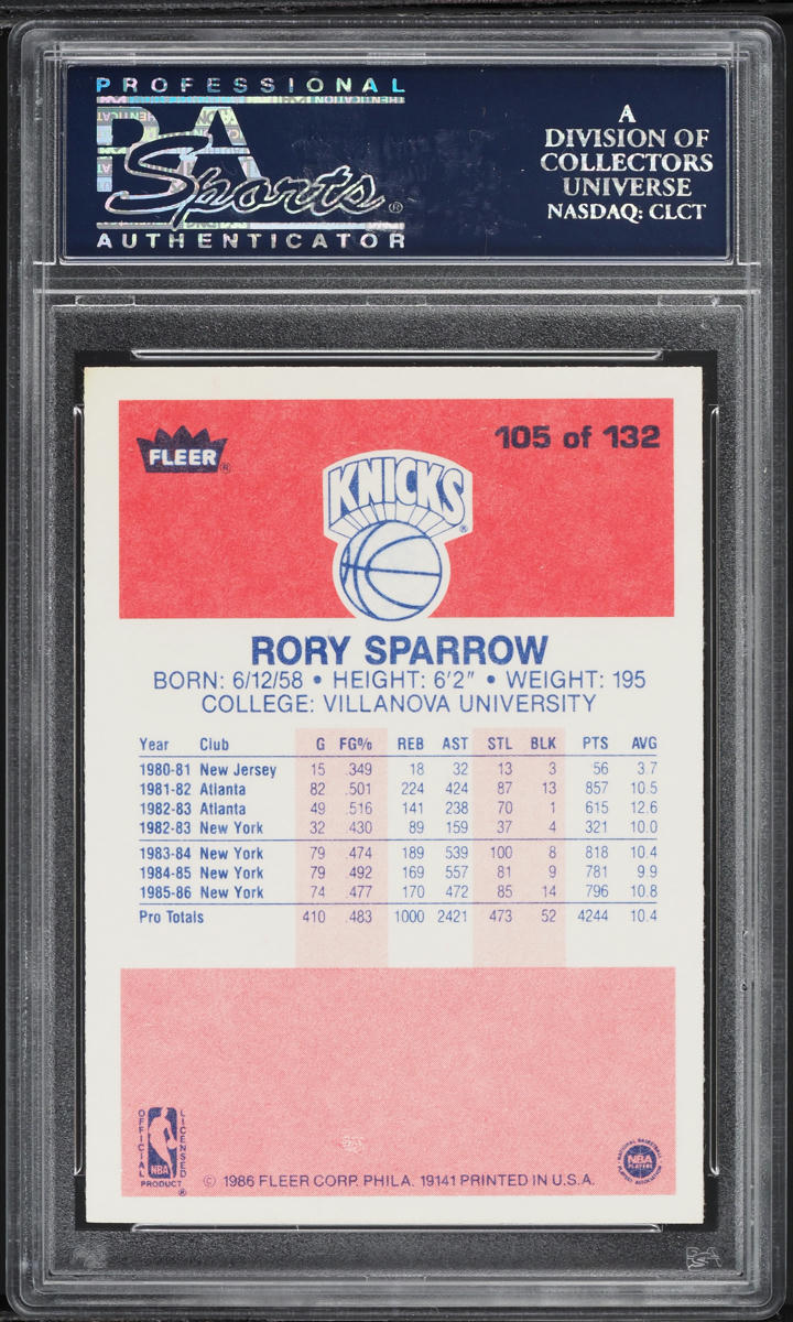 1986 Fleer Basketball Rory Sparrow ROOKIE #105 PSA 10 GEM MINT
