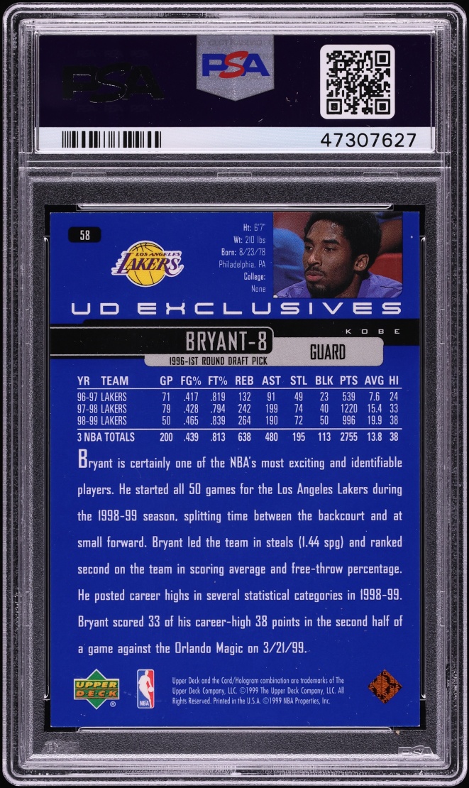 1999 Upper Deck Exclusives Kobe Bryant /100 #58 PSA 9 MINT
