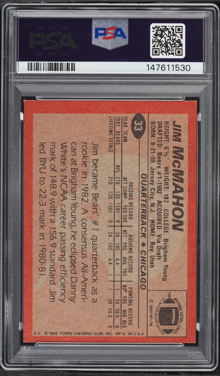 1983 Topps Football Jim McMahon ROOKIE #33 PSA 6 EXMT