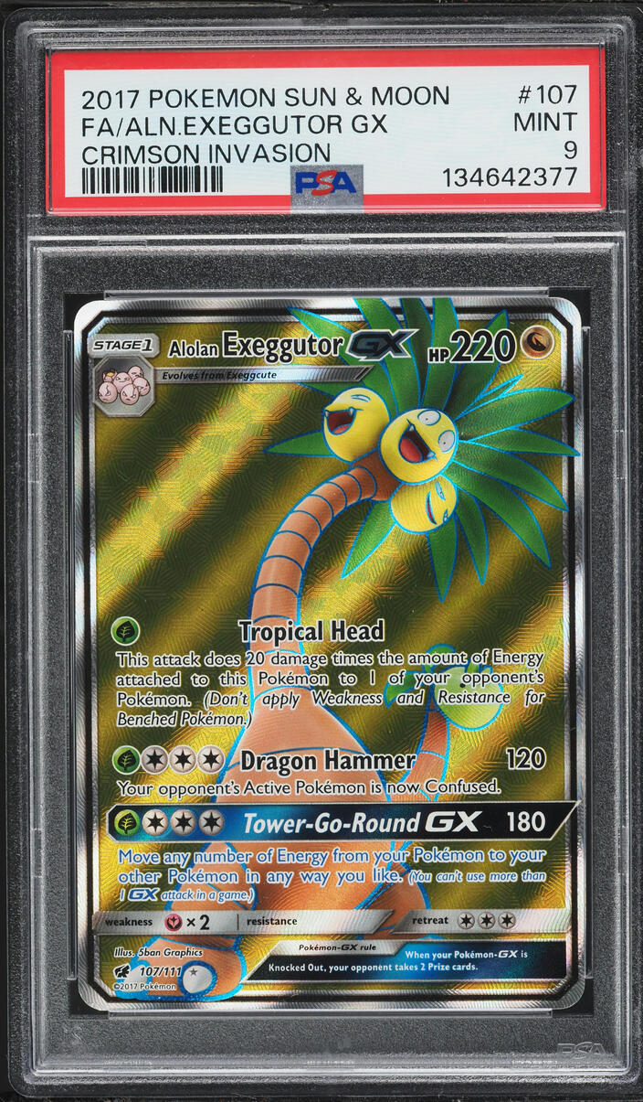 2017 Pokemon Sun & Moon Crimson Invasion Full Art Alolan Exeggutor GX #107 PSA 9 MINT