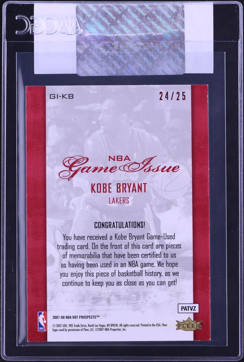 2007 Fleer Hot Prospects NBA Game Issue Red Kobe Bryant PATCH JERSEY # 24/25 #GI-KB CGC AUTH - Photo 2