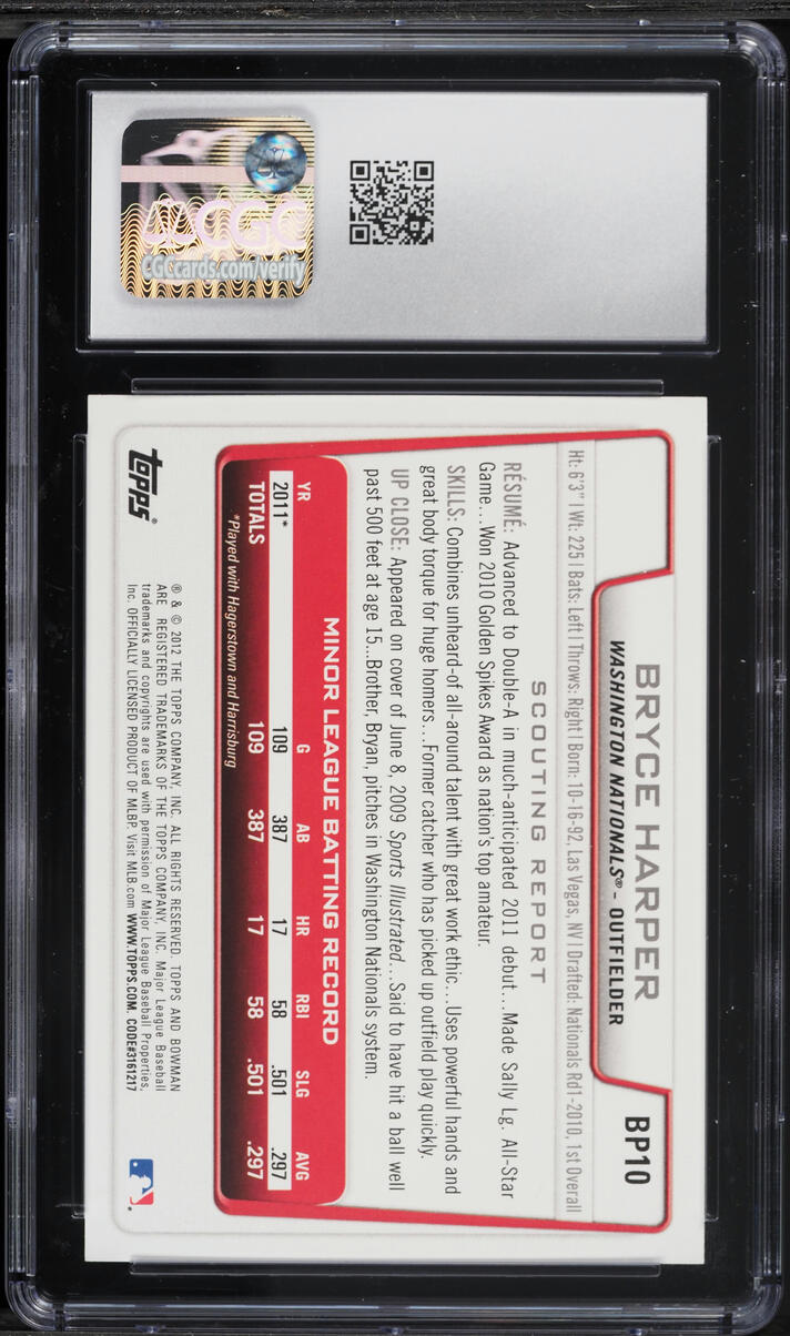 2012 Bowman Bryce Harper PROSPECT #BP10 CGC 10 GEM MINT
