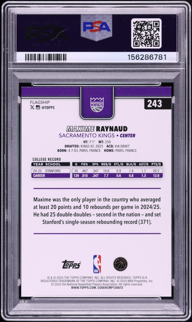 2025 Topps Basketball Maxime Raynaud ROOKIE #243 PSA 9 MINT