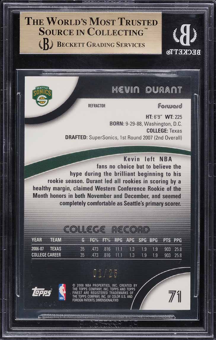 2007 Finest Gold Refractor Kevin Durant ROOKIE RC /25 #71 BGS 9.5 GEM MINT