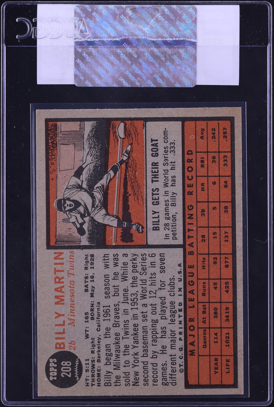 1962 Topps Billy Martin #208 CGC AUTH