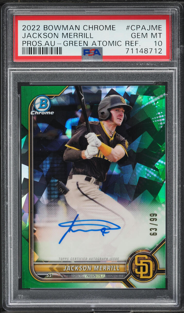 2022 Bowman Chrome Green Atomic Ref Jackson Merrill PROSPECT AUTO /99 PSA 10 GEM