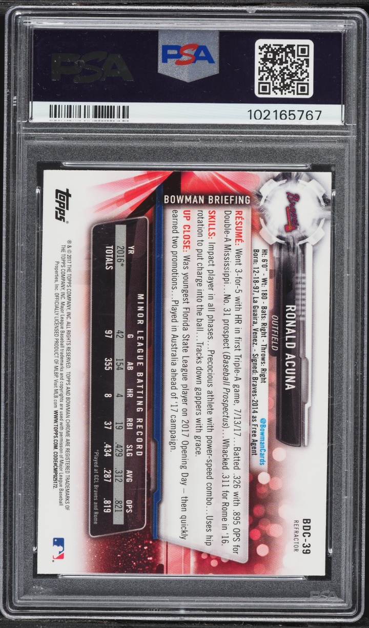 2017 Bowman Chrome Draft Refractor Ronald Acuna PROSPECT #BDC-39 PSA 10 GEM MINT