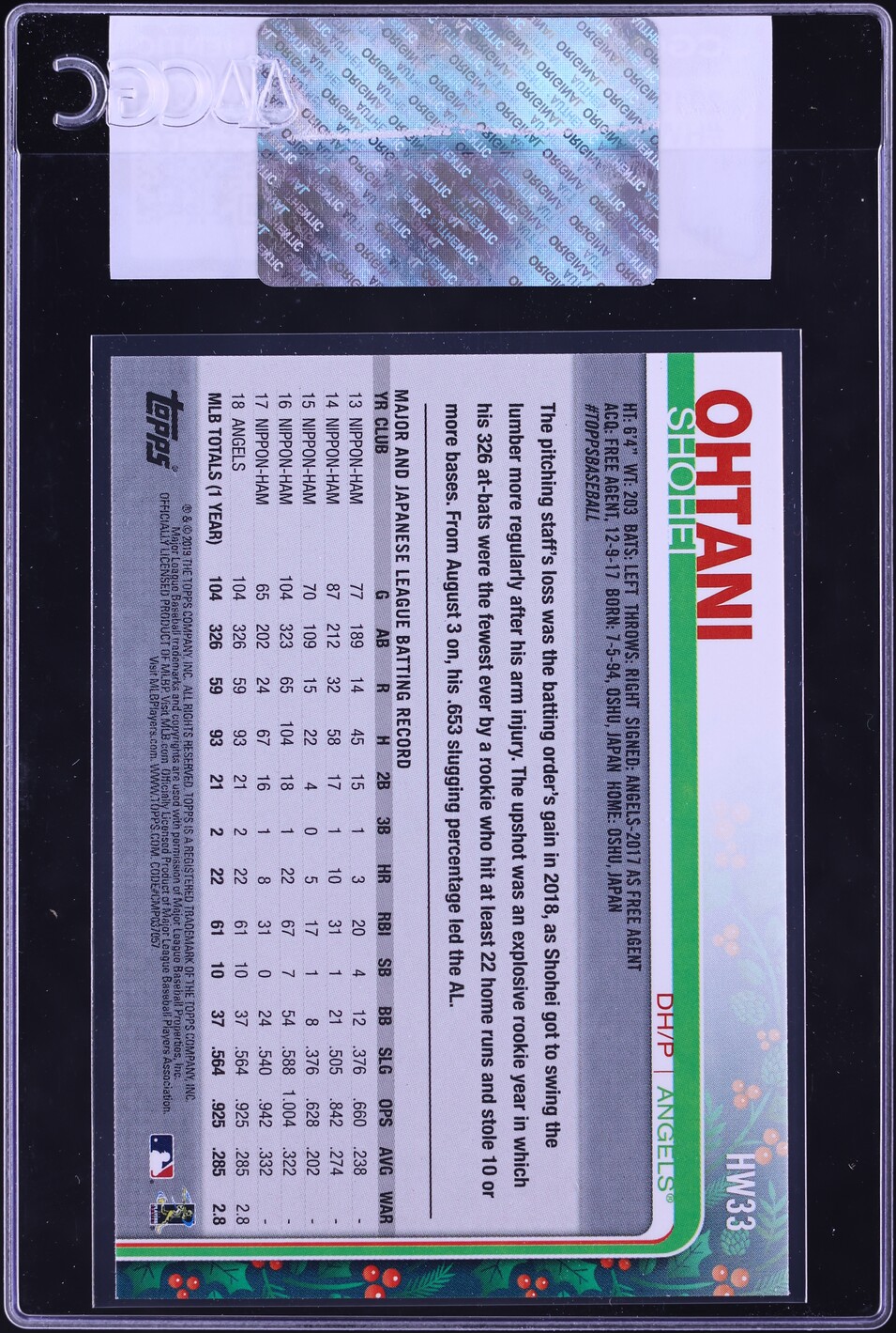 2019 Topps Holiday Shohei Ohtani #HW33 CGC AUTH