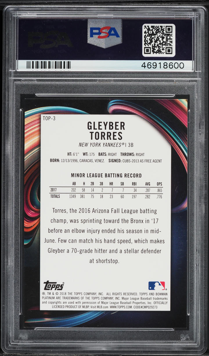 2018 Bowman Platinum Top Orange Gleyber Torres PROSPECT /25 #TOP-3 PSA 10 GEM