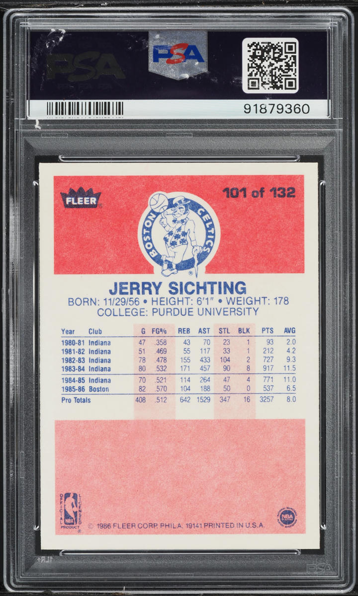 1986 Fleer Basketball Jerry Sichting #101 PSA 10 GEM MINT