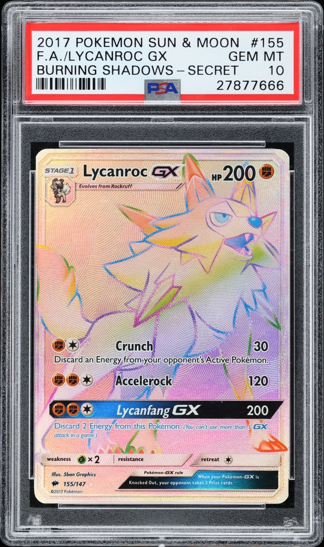 2017 Pokemon Sun & Moon Burning Shadows Rainbow Rare Lycanroc GX #155 PSA 10 GEM MINT