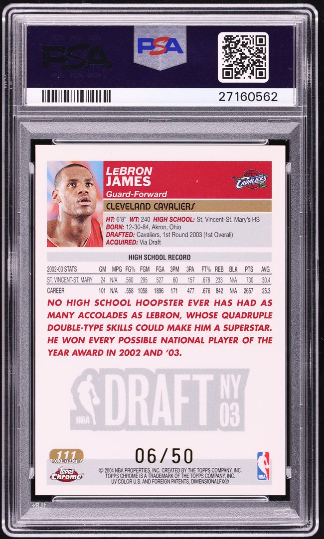 2003 Topps Chrome Gold Refractor LeBron James ROOKIE 6/50 #111 PSA