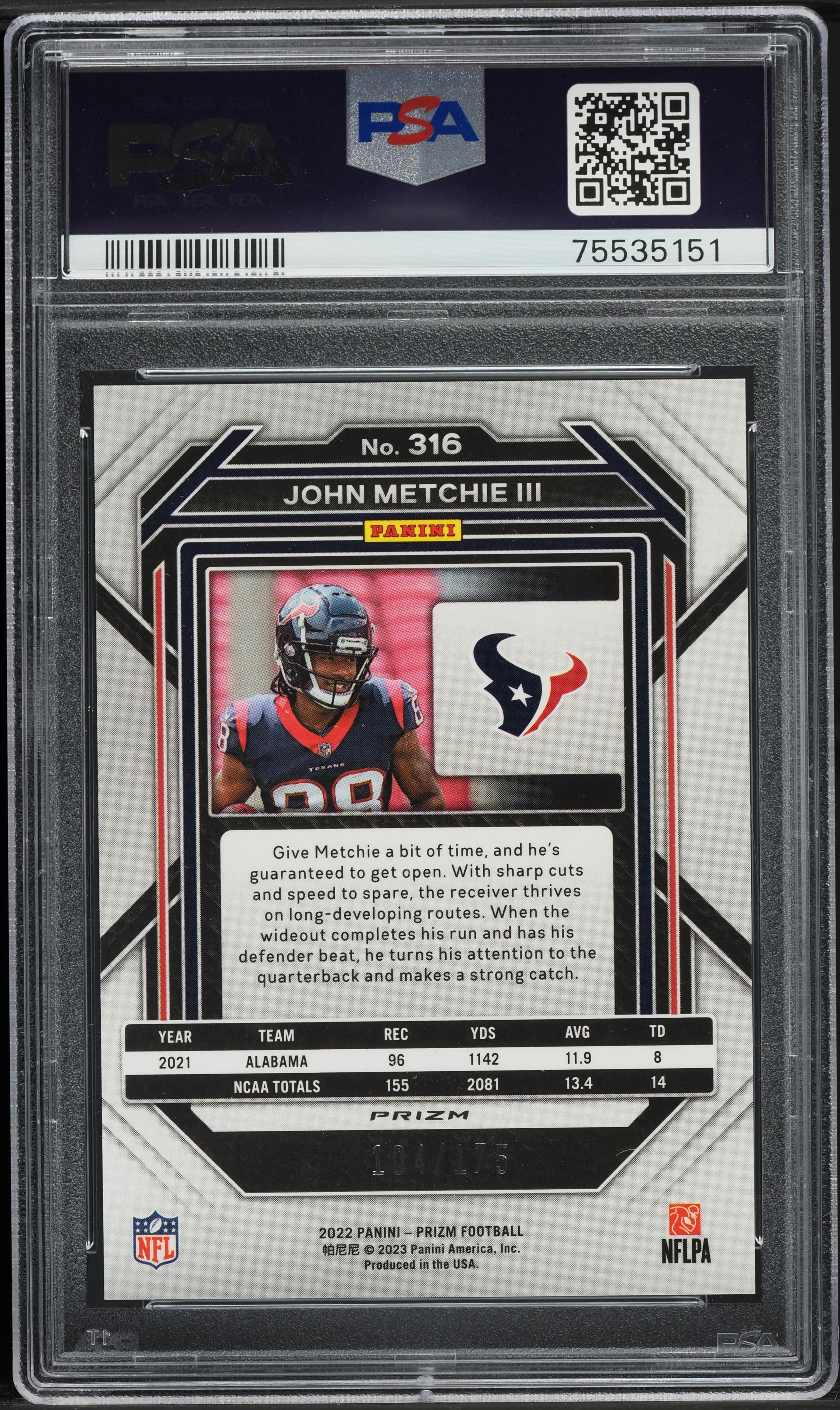 2022 Panini Prizm Hyper John Metchie III ROOKIE /175 #316 PSA 10 GEM MINT