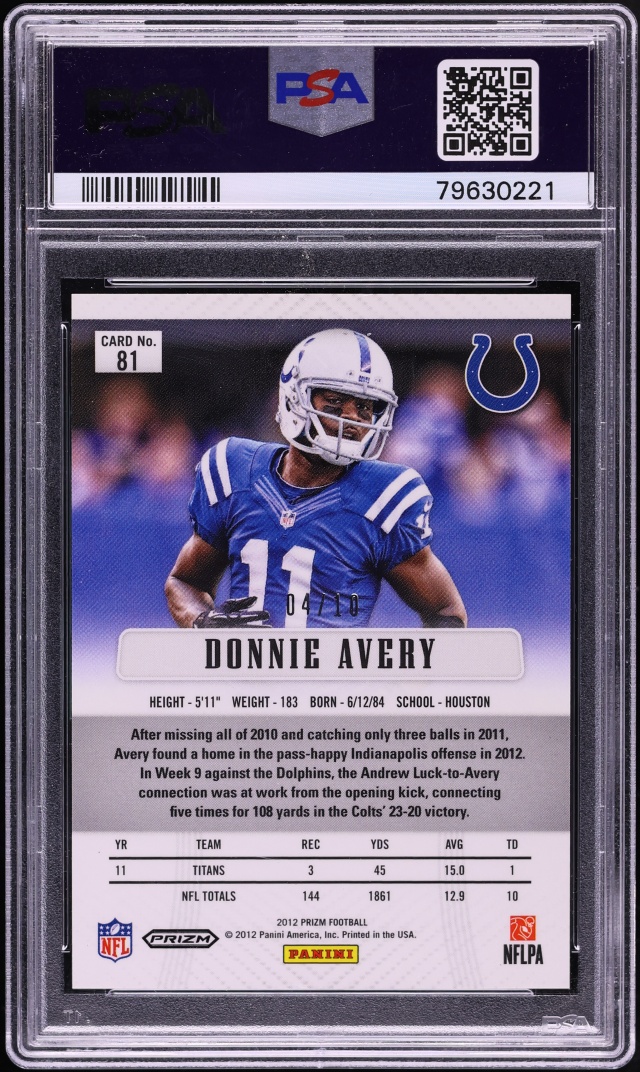 2012 Panini Prizm Gold Donnie Avery /10 #81 PSA 9 MINT - Photo 2