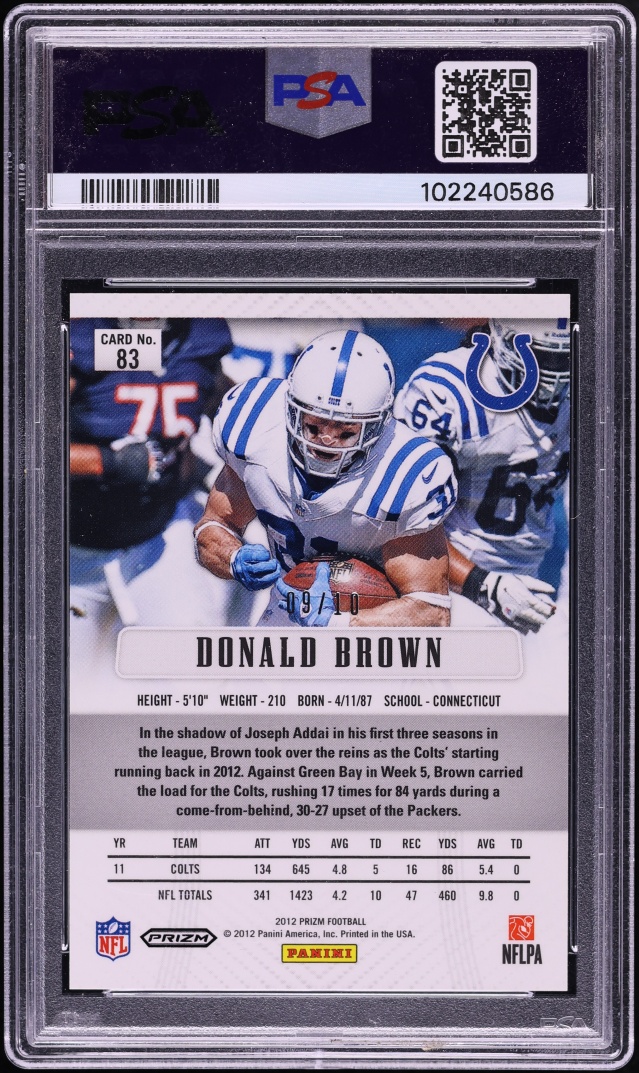 2012 Panini Prizm Gold Donald Brown /10 #83 PSA 9 MINT - Photo 2
