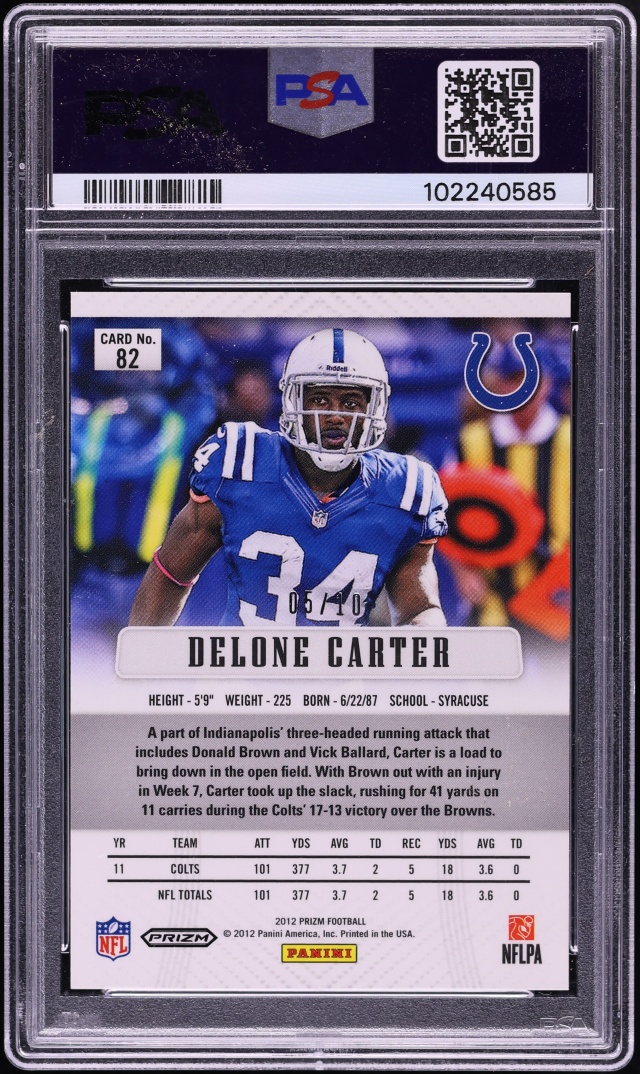 2012 Panini Prizm Gold Delone Carter /10 #82 PSA 9 MINT - Photo 2