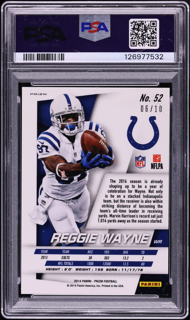 2014 Panini Prizm Gold Reggie Wayne /10 #52 PSA 9 MINT - Photo 2