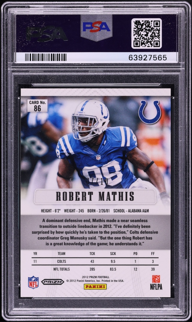 2012 Panini Prizm Gold Robert Mathis /10 #86 PSA 10 GEM MINT - Photo 2