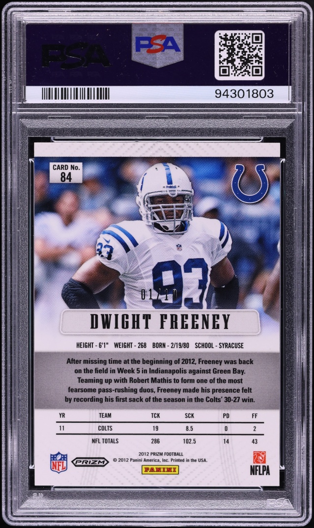 2012 Panini Prizm Gold Dwight Freeney 1/10 #84 PSA 9 MINT - Photo 2