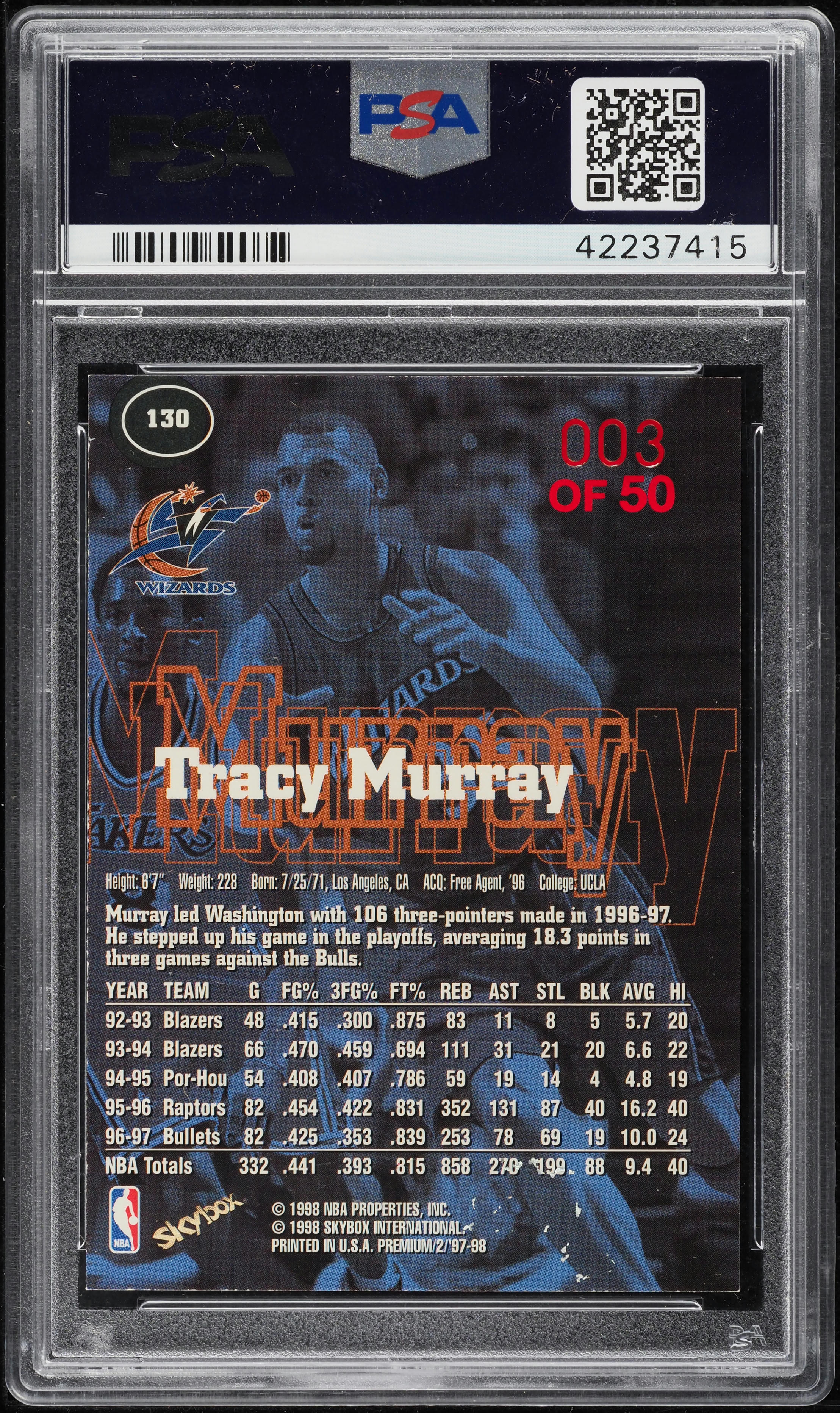 1997 Skybox Premium Star Rubies Tracy Murray /50 #130 PSA 8 NM-MT
