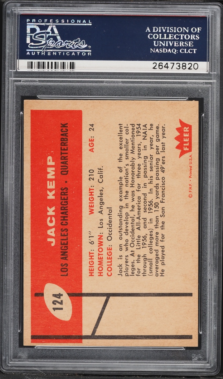 1960 Fleer Football Jack Kemp ROOKIE #124 PSA 6 EXMT