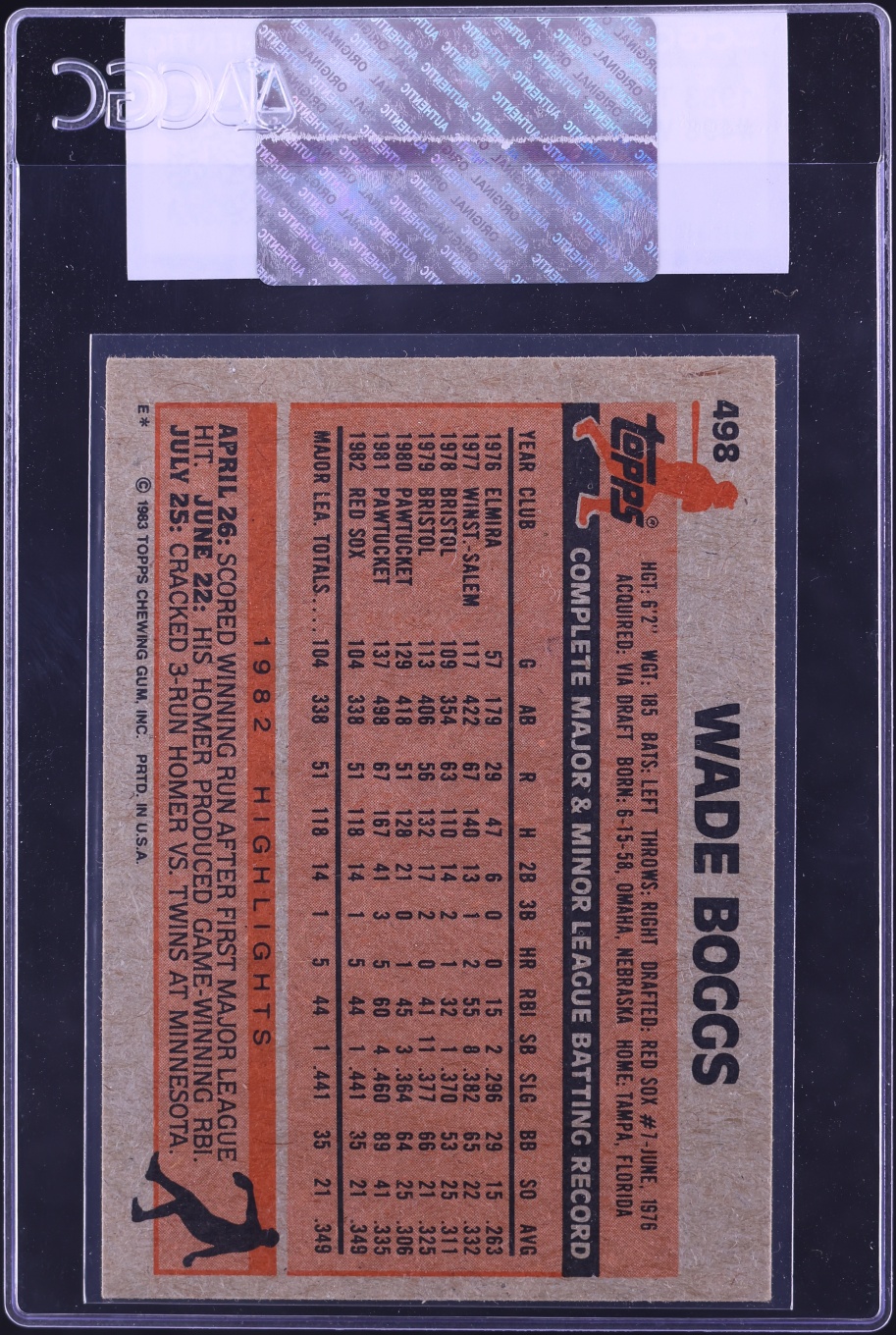 1983 Topps Wade Boggs ROOKIE #498 CGC AUTH
