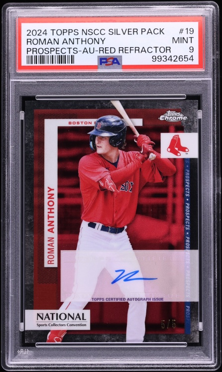 2024 Topps Chrome NSCC Silver Red Refractor Roman Anthony PROSPECT AUTO 5/5 #TP-19 PSA 9 - Photo 1