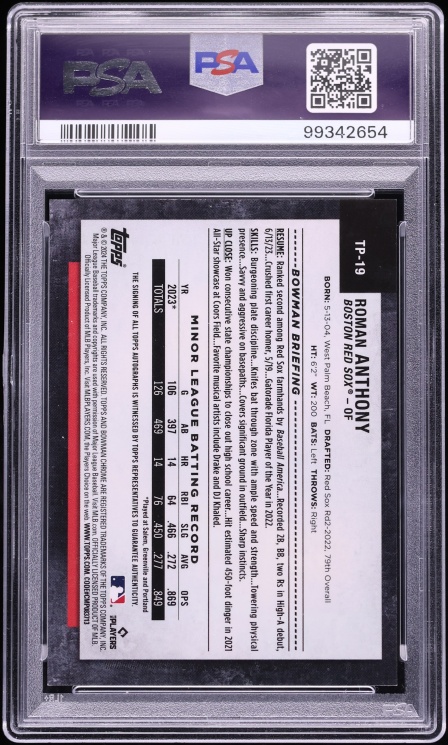 2024 Topps Chrome NSCC Silver Red Refractor Roman Anthony PROSPECT AUTO 5/5 #TP-19 PSA 9 - Photo 2