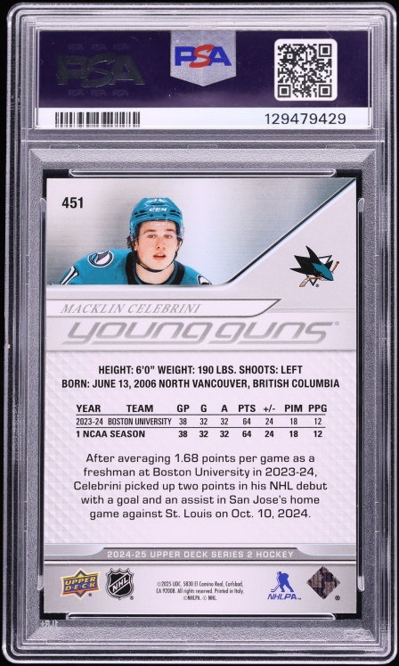 2024 Upper Deck Young Guns Deluxe Macklin Celebrini ROOKIE /250 #451 PSA 9 MINT - Photo 2
