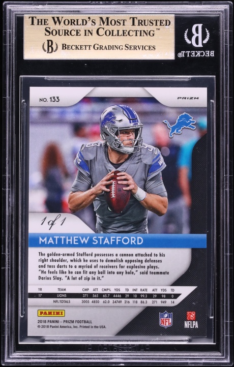 2018 Panini Prizm Black Finite Matthew Stafford 1/1 #133 BGS 9.5 GEM MINT - Photo 2