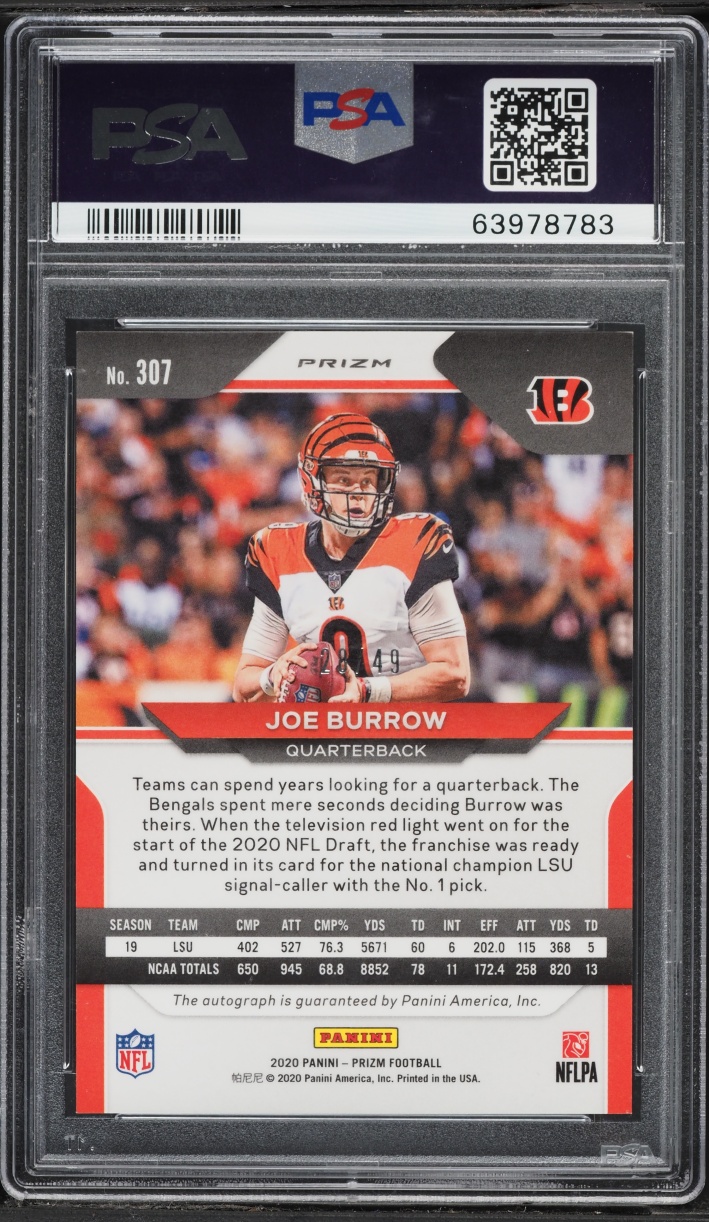 2020 Panini Prizm Purple Power Joe Burrow ROOKIE AUTO /49 #307 PSA 10 GEM MINT