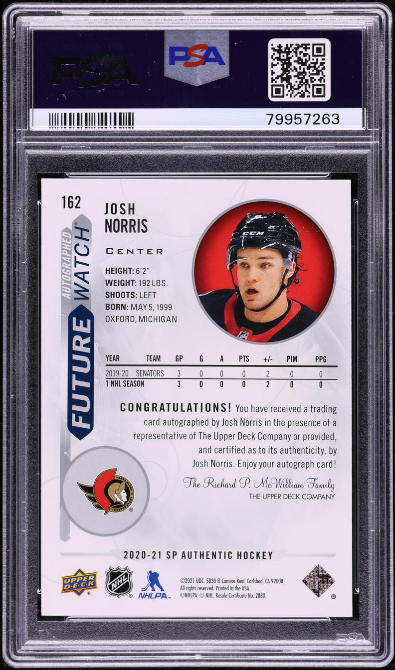2020 SP Authentic Josh Norris ROOKIE AUTO /999 #162 PSA 10 GEM MINT