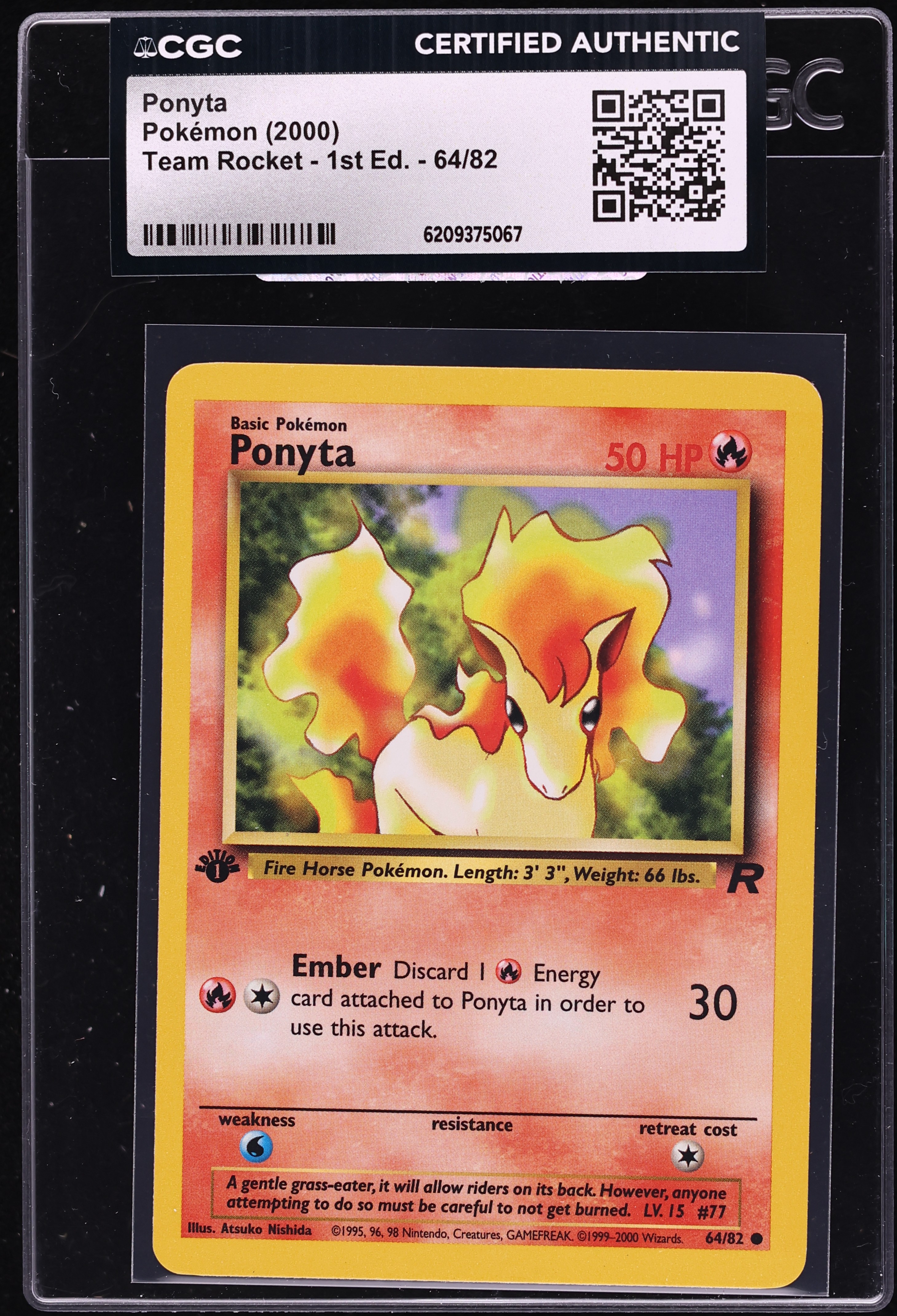2000 Pokemon Team Rocket 1st Edition Ponyta #64 CGC AUTH