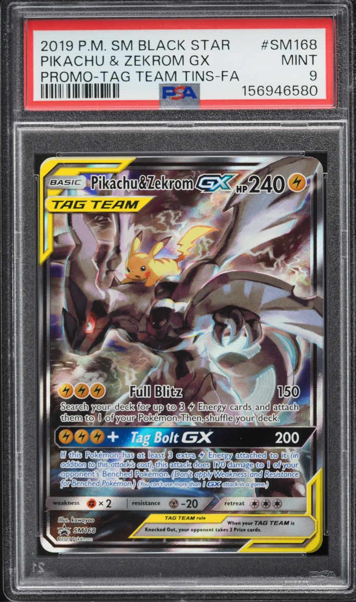 2019 Pokemon Sun & Moon Promo Tag Team Tins Full Art Pikachu & Zekrom GX #SM168 PSA 9 MINT