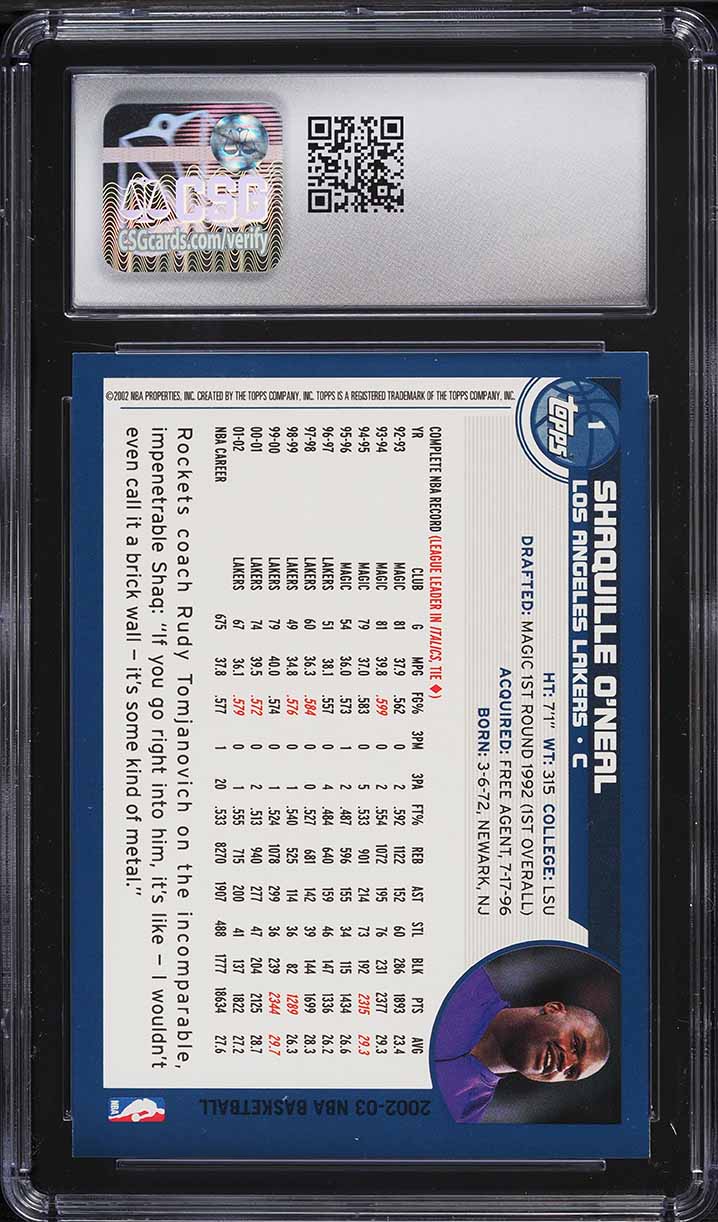 2002 Topps Basketball Shaquille O'Neal #1 CSG 8.5 NM-MT+