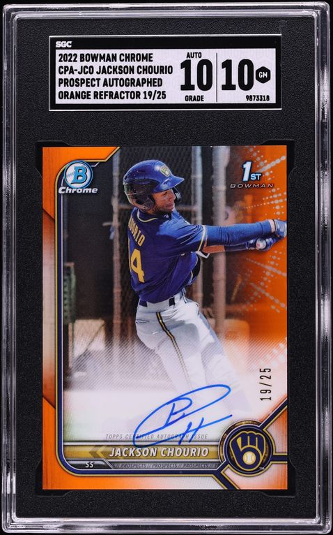 2022 Bowman Chrome Orange Refractor Jackson Chourio PROSPECT AUTO /25 #CPA-JCO SGC 10 GEM MINT