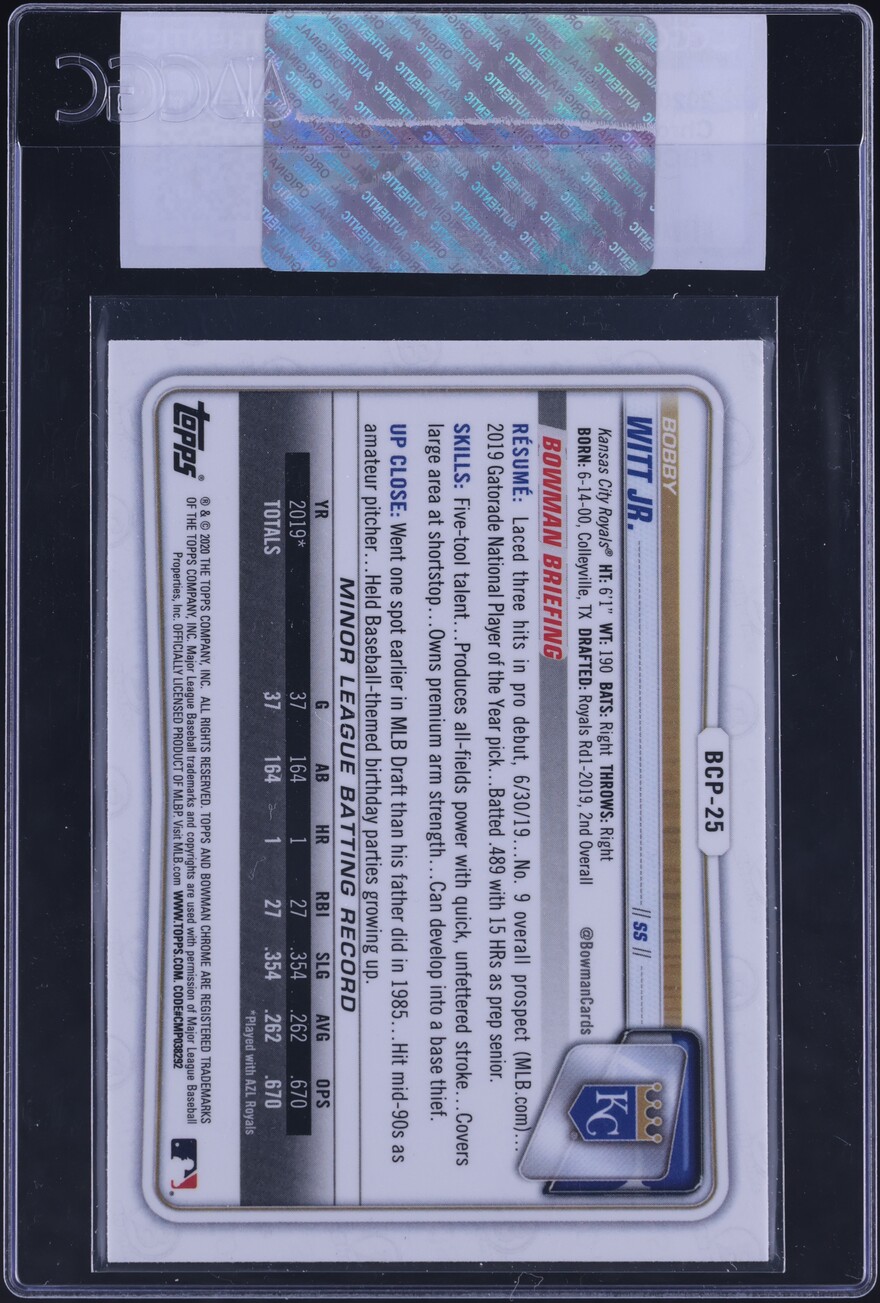 2020 Bowman Chrome Bobby Witt Jr. PROSPECT #BCP-25 CGC AUTH